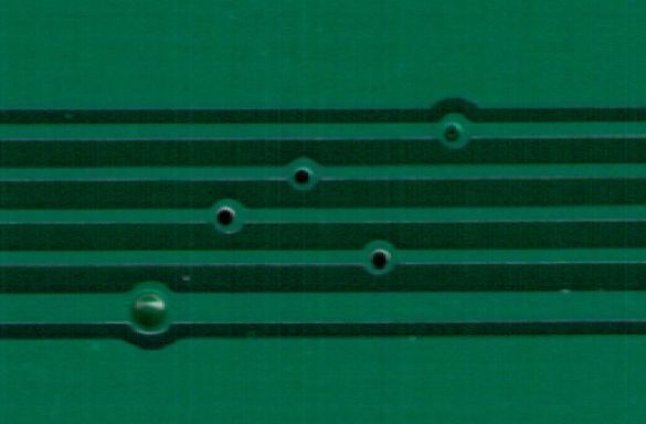 Detail view of the micro vias in this board fabbed by Elecrow.