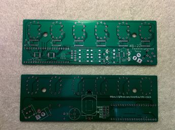 Both sides of the PCB I designed for this VFD Clock project.