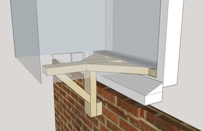 My design, in SketchUp, for a wooden bracket to hold the existing air conditioner in the new window opening.