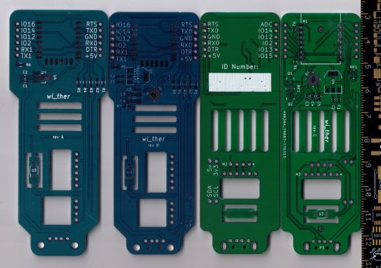 Three revisions of my wi_ther board.  Rev A by Elecrow, rev B by Seeed, Rev C by EasyEDA.