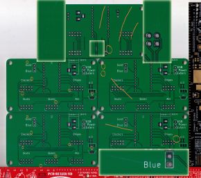 Several copies of a simple square PCB manufactured by Seeed Studio's Fusion service, with issues marked.