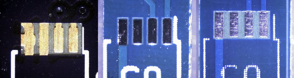 Comparison of the fabbing of the same footprint by three PCB fabs.  Left to right: OSH Park, Elecrow, and Seeed Studio's Fusion.