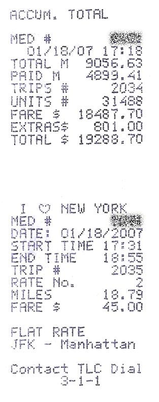 Reciept of a NYC taxi ride